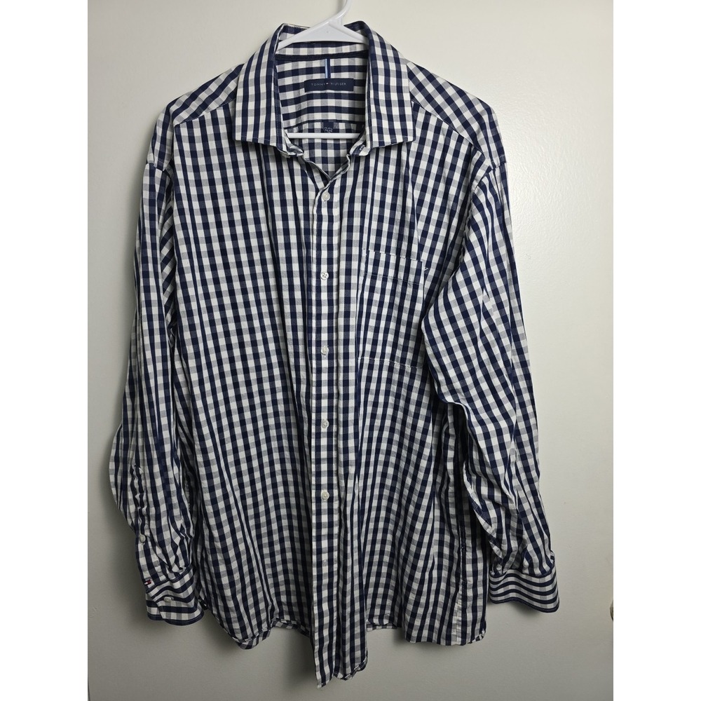 Tommy Hilfiger Men's XL Blue White Checkered Long Sleeve Button-Up Shirt Gingham